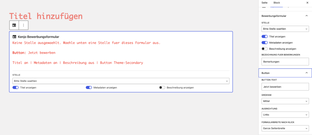 Kenjo Careers WP Plugin Bewerbungsformular Gutenberg Block
