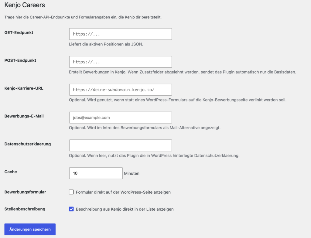 Kenjo Careers WP Plugin Settings Backend